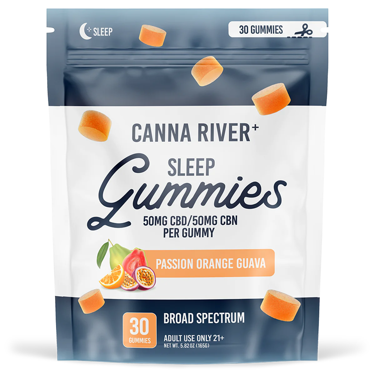Canna River - Broad Spectrum CBD/CBN Gummies - Sleep - Passionfruit, Orange, Guava - 30 Gummies (100MG Each)