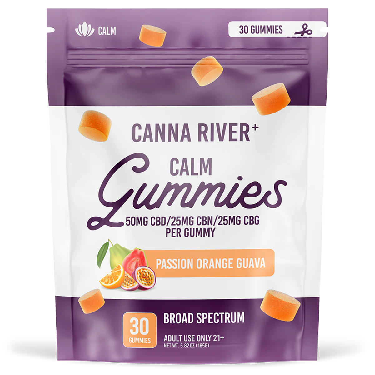 Canna River - Broad Spectrum CBD/CBN/CBG Gummies - Calm - Passionfruit, Orange, Guava - 30 Gummies (100MG Each)