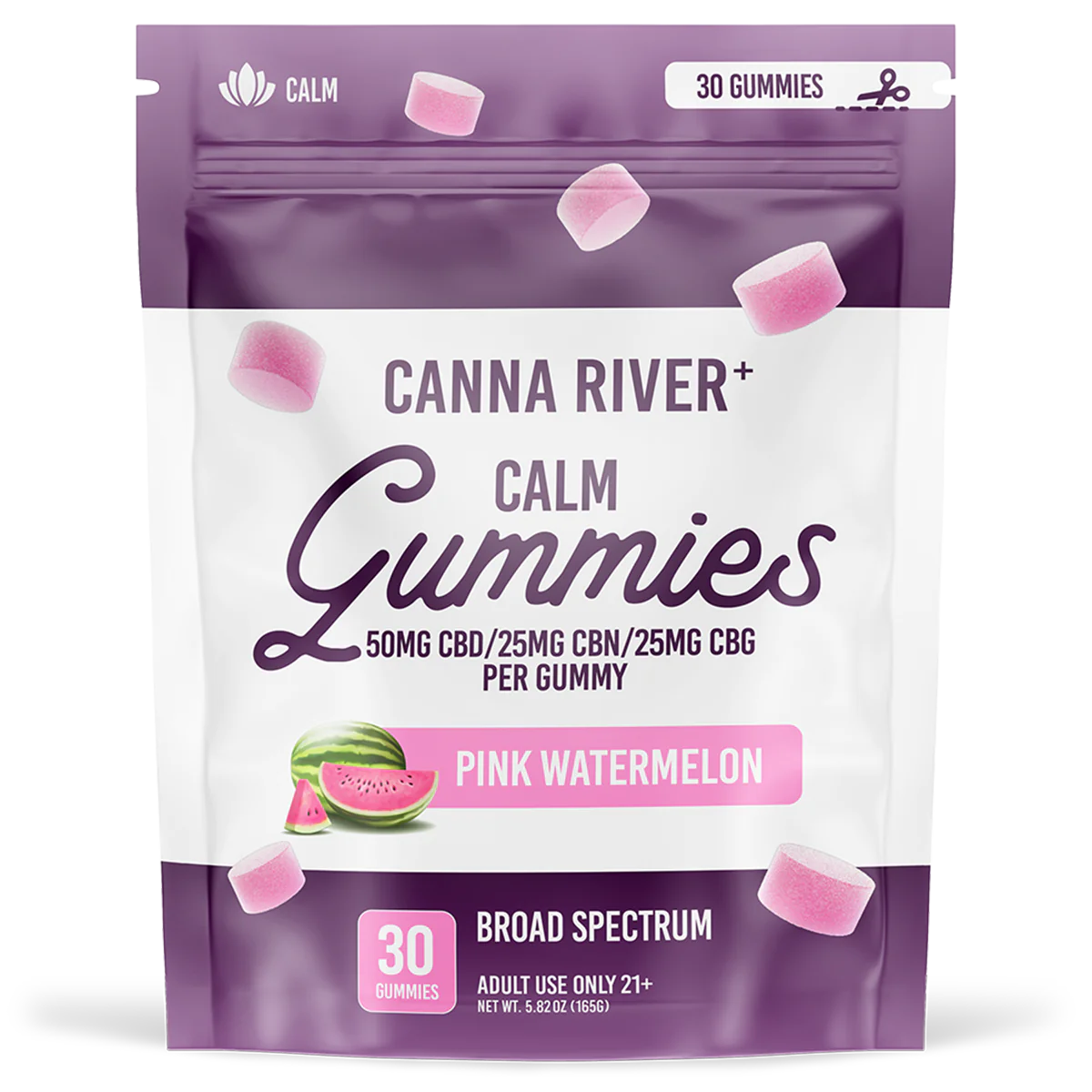 Canna River - Broad Spectrum CBD/CBN/CBG Gummies - Calm - Pink Watermelon - 30 Gummies (100MG Each)