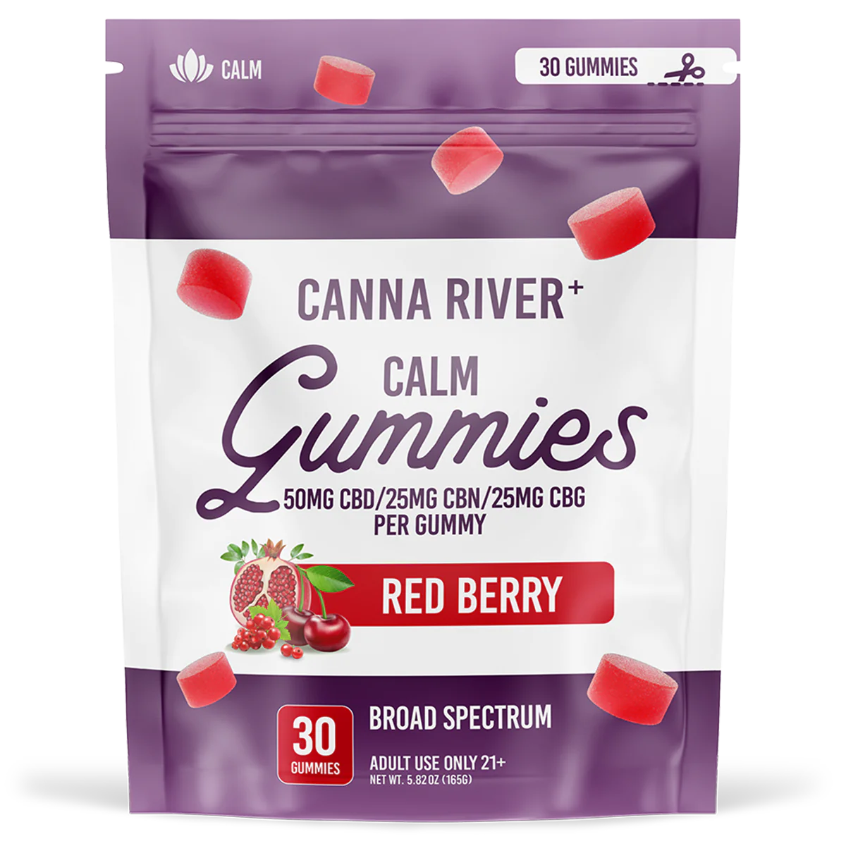 Canna River - Broad Spectrum CBD/CBN/CBG Gummies - Calm - Red Berry - 30 Gummies (100MG Each)