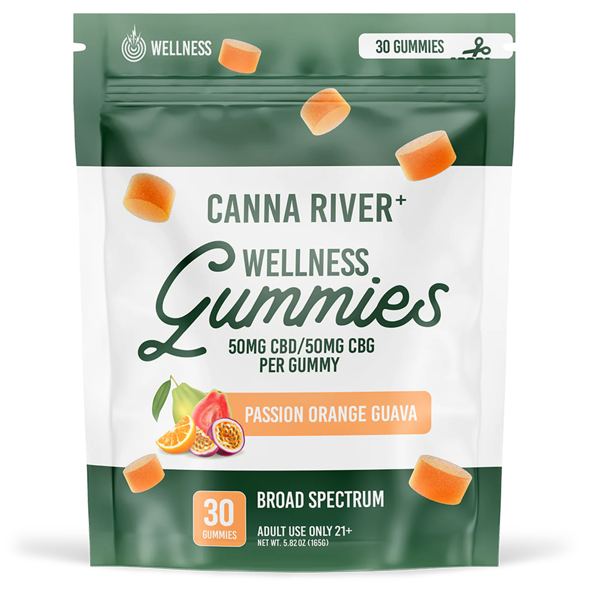 Canna River - Broad Spectrum CBD/CBG Gummies - Wellness - Passionfruit, Orange, Guava - 30 Gummies (100MG Each)