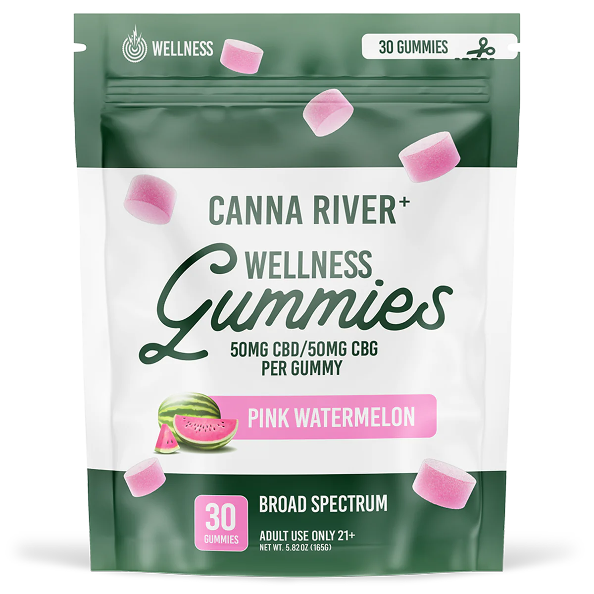 Canna River - Broad Spectrum CBD/CBG Gummies - Wellness - Pink Watermelon - 30 Gummies (100MG Each)