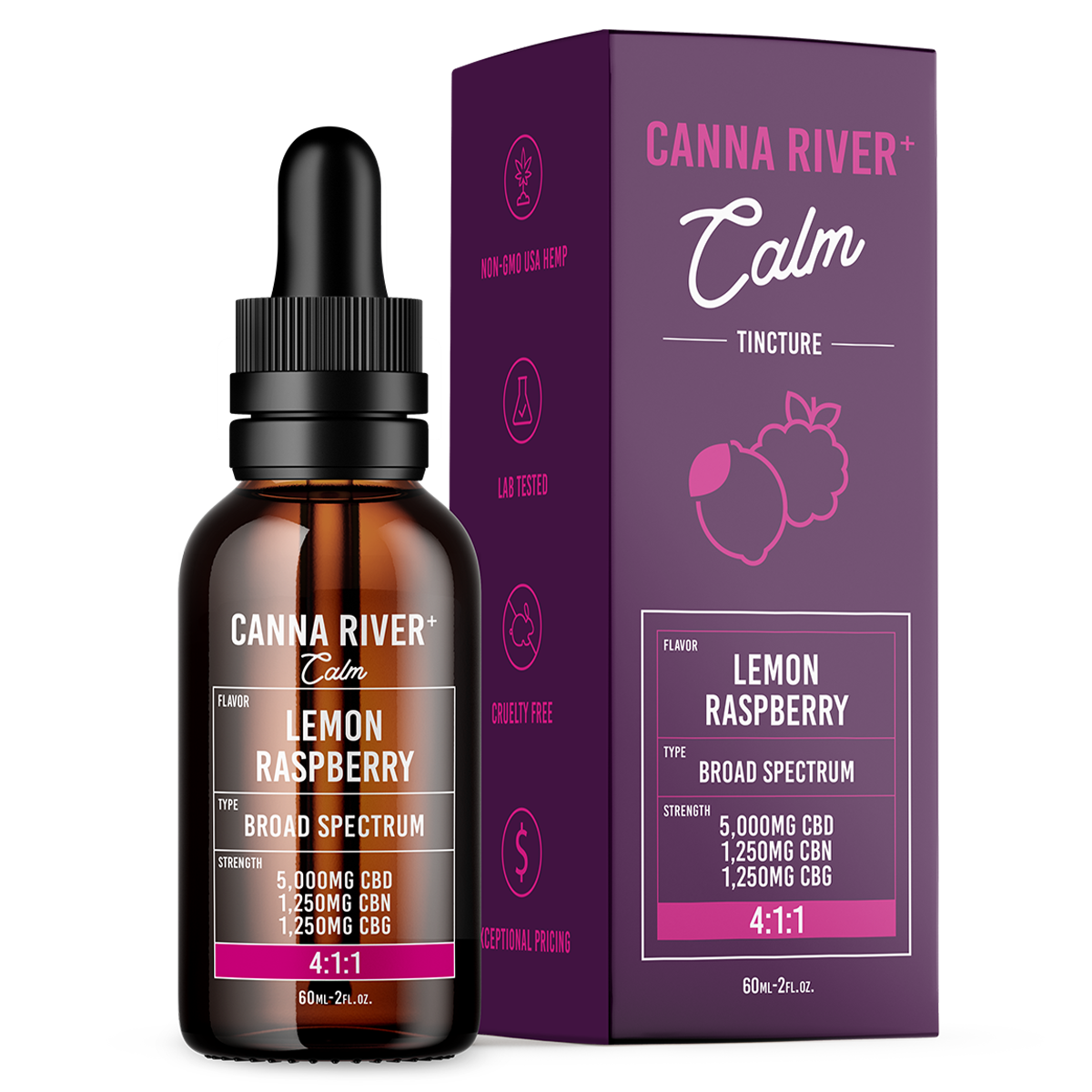 Canna River - Broad Spectrum CBD/CBN/CBG Calm Tincture - Lemon Raspberry - 60mL