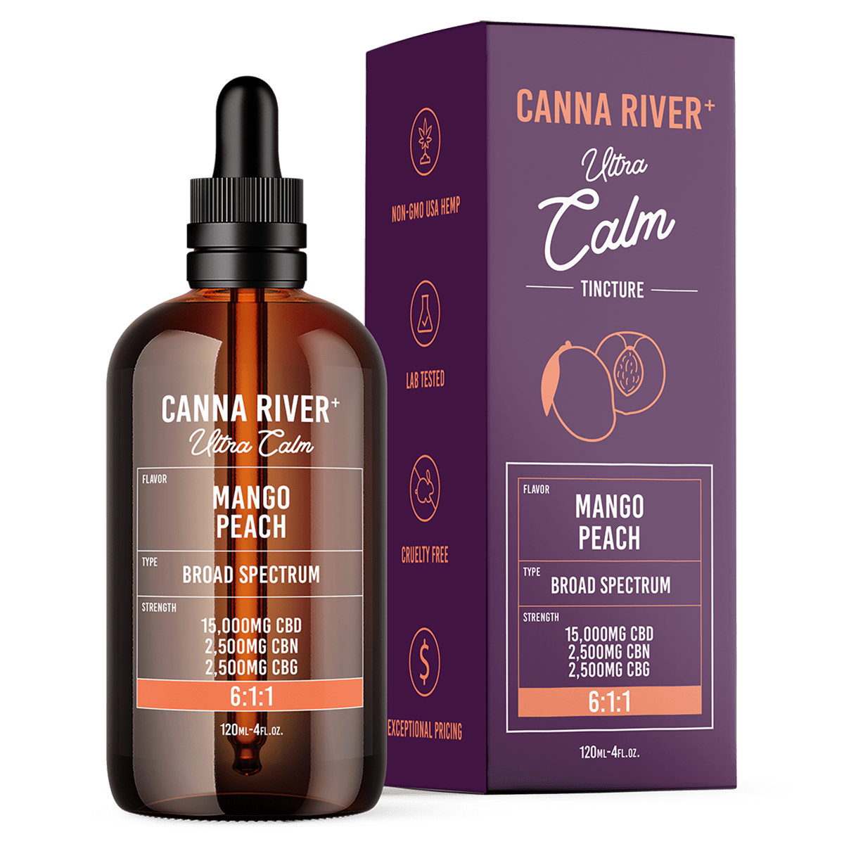 Canna River - Broad Spectrum CBD/CBN/CBG Ultra Calm Tincture - Mango Peach - 120mL