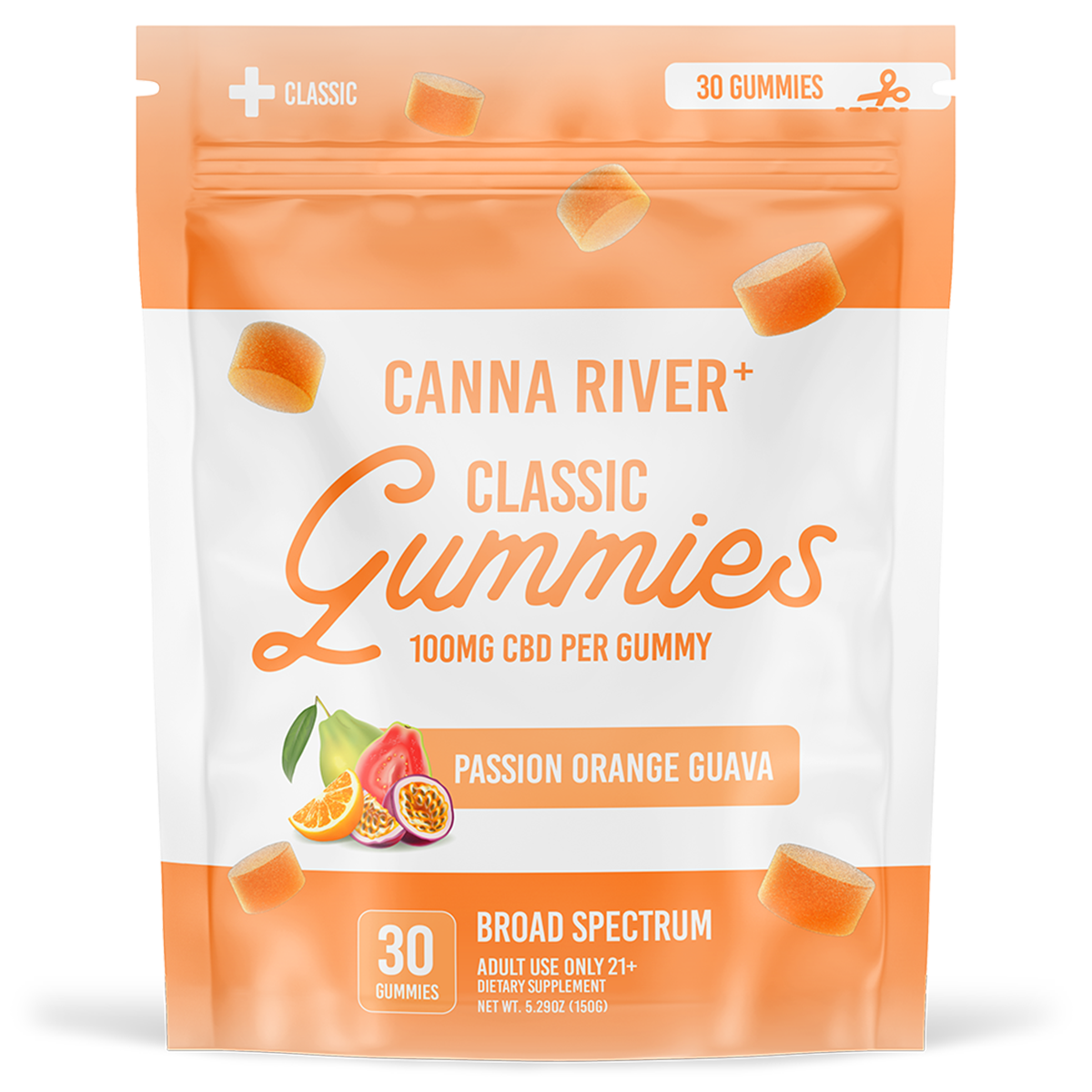 Canna River - Broad Spectrum CBD Gummies - Classic - Passionfruit, Orange, Guava - 30 Gummies (100MG Each)