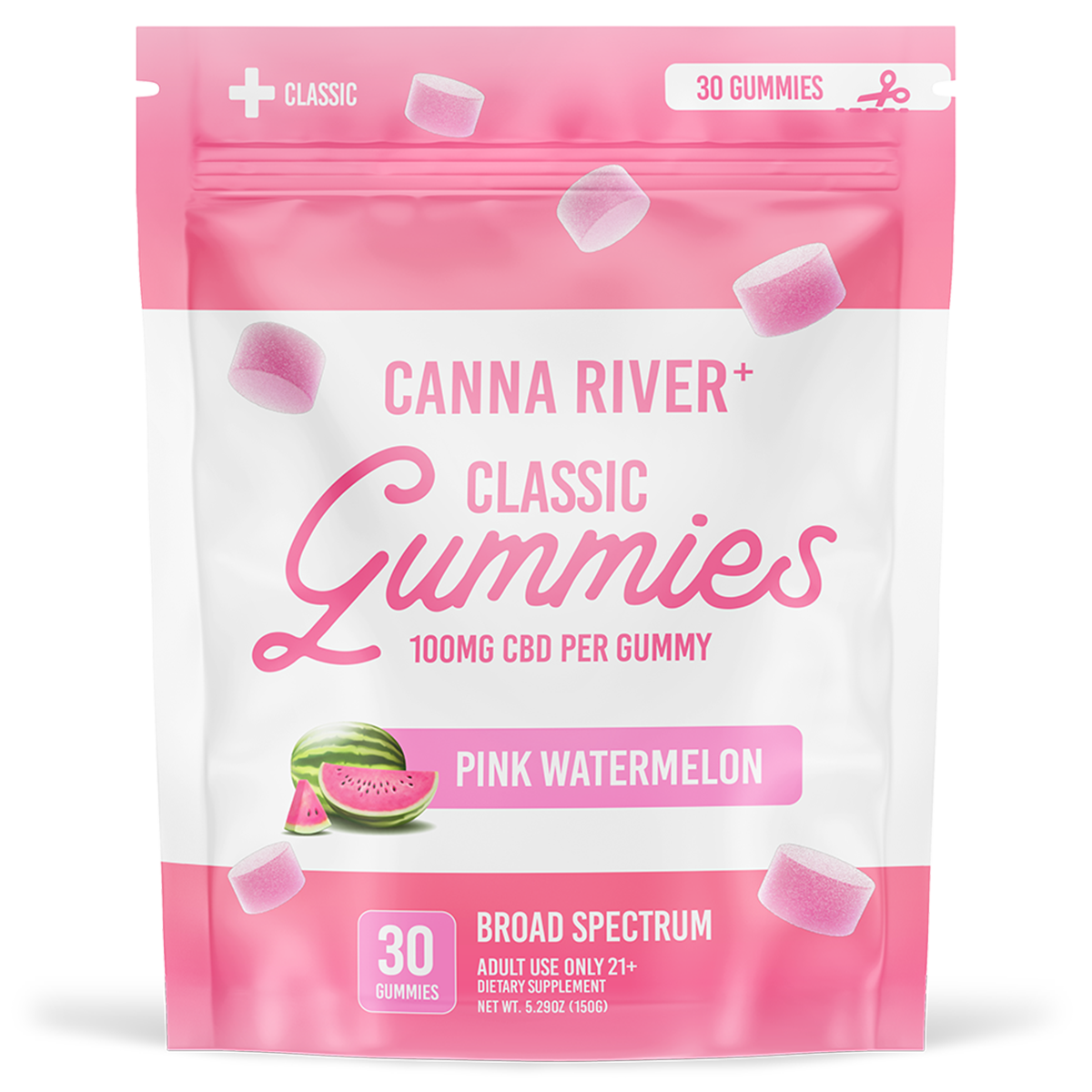 Canna River - Broad Spectrum CBD Gummies - Classic - Pink Watermelon - 30 Gummies (100MG Each)