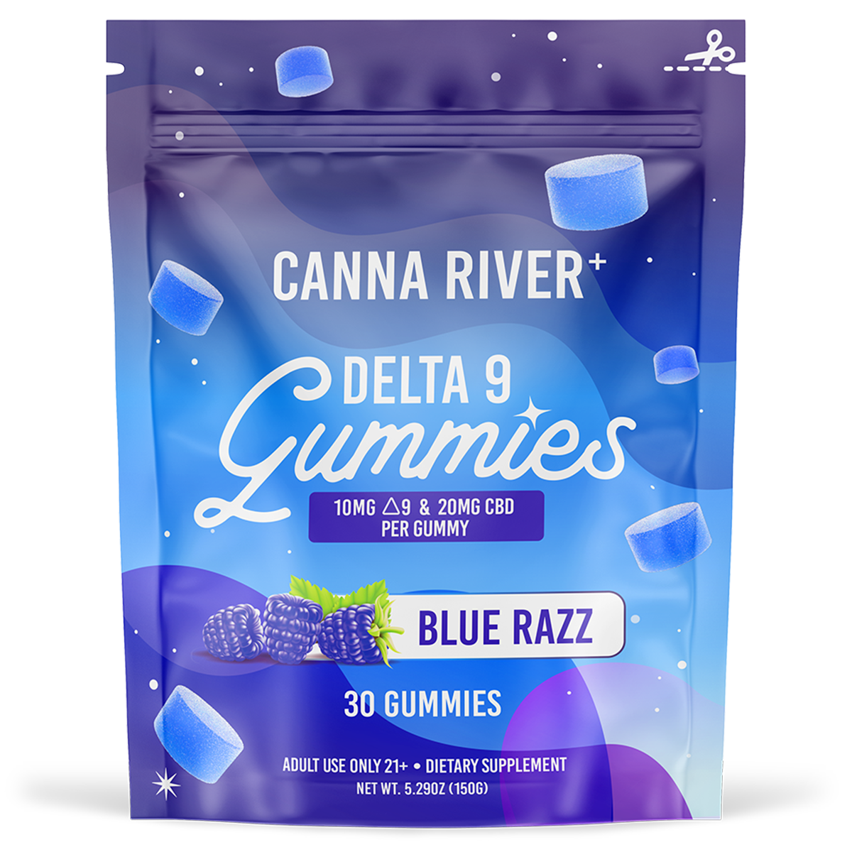 Canna River - Delta 9 Gummies - Blue Razz - 30 Gummies (10MG Delta 9 & 20MG CBD Each)